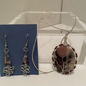 Karen Barton‎ Noreena Jasper Wire Wrapped Pendant and Earring Set Sterling Chain